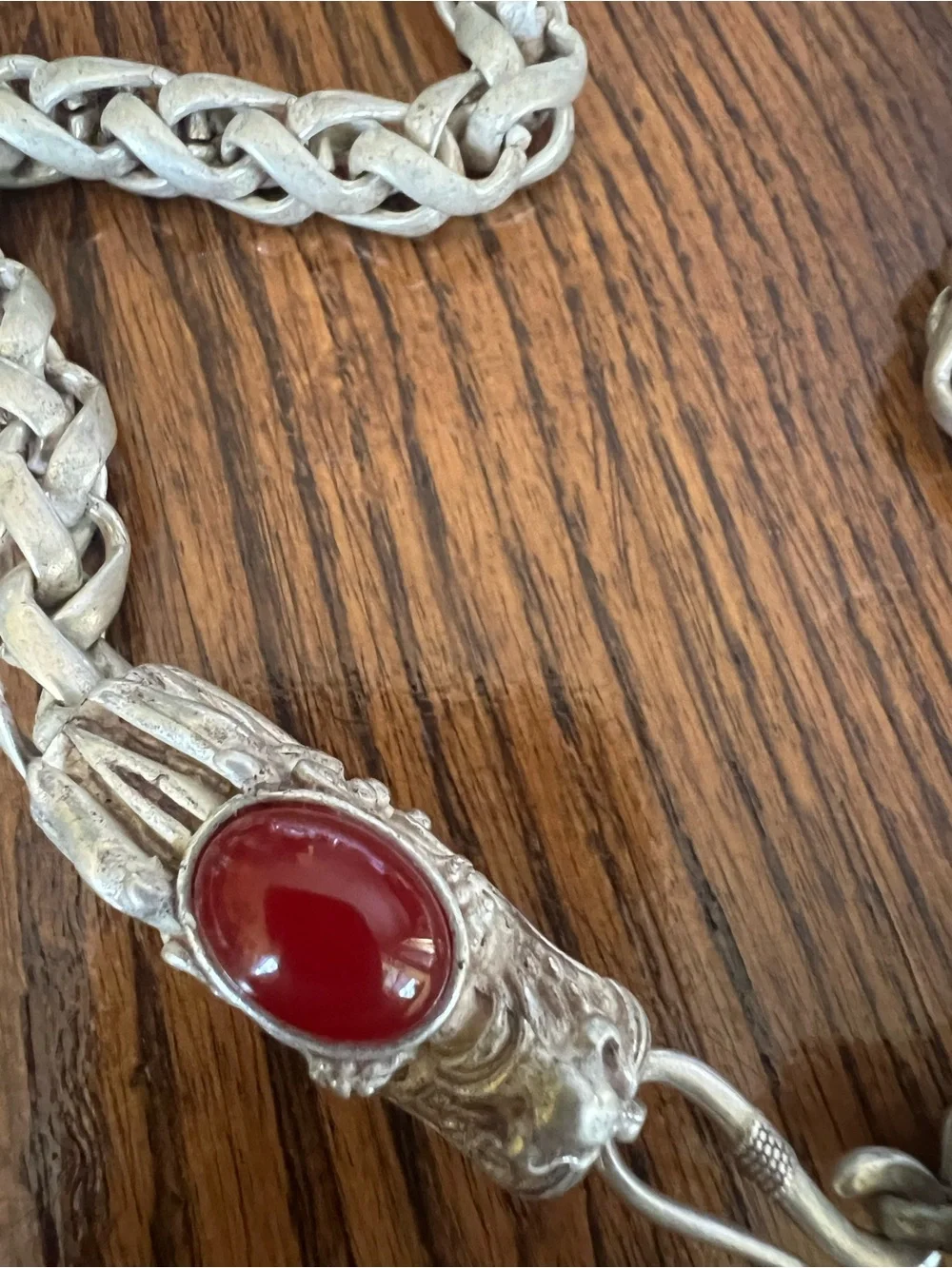 Braided Tibetan Silver Dragon Necklace with Carnelian Cabochons